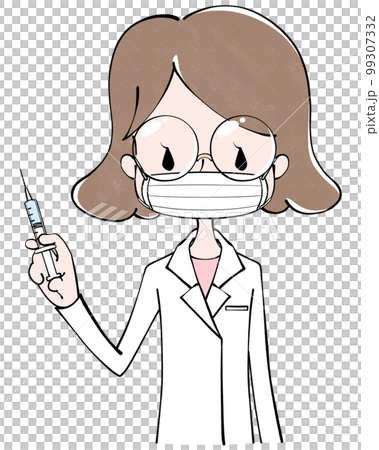 Illustration of a woman in a white coat wearing a mask and holding a syringe 99307332