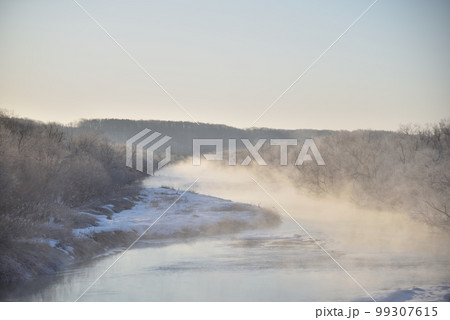 北海道　鶴居村の音羽橋からの朝焼けに染まる気嵐と霧氷とタンチョウ 99307615