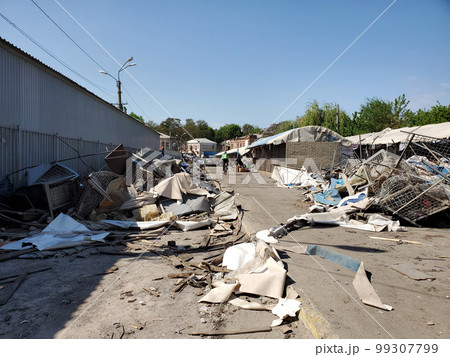broken construction parts of street market. Street reconstruction process 99307799