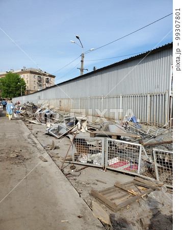 broken construction parts of street market. Street reconstruction process 99307801