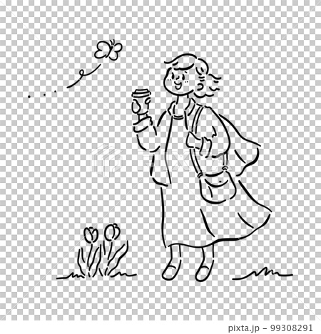 テイクアウトコーヒーを片手にお散歩する女性のイラスト素材　線画 99308291