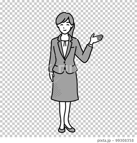 一個穿著西裝的女人舉起左手並引導她的插圖，單色全身 99308358