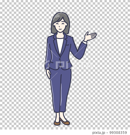 一個穿著褲裝的女人舉起左手並引導她全身的插圖 99308359
