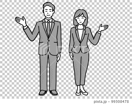 穿著西裝的男人和女人用手掌展示和解釋的插圖 1 單色全身 99308478