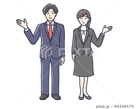 手のひらで示して説明をするスーツ姿の男女のイラスト2　全身 99308479