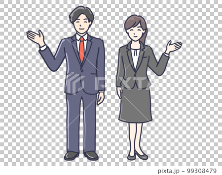 穿著西裝的男人和女人用手掌展示和解釋的插圖 2 全身 99308479