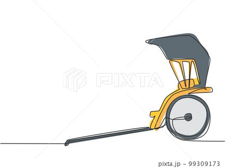 Single continuous line drawing pulled rickshaw from the side, an ancient vehicle in China and Japan with two wheels and pulled by humans. Dynamic one line draw graphic design vector illustration. Single continuous line drawing pulled rickshaw from the side, an ancient vehicle in China and Japan with two wheels and pulled by humans. Dynamic one line draw graphic design vector illustration. 99309173