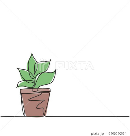 Single continuous line drawing potted plants with five growing leaves are used for ornamental plants. Plant to decorate sink so that it looks green. One line draw graphic design vector illustration. Single continuous line drawing potted plants with five growing leaves are used for ornamental plants. Plant to decorate sink so that it looks green. One line draw graphic design vector illustration. 99309294