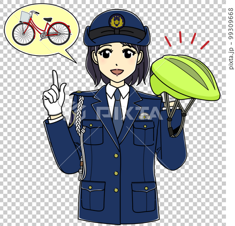 自転車用ヘルメットを持って話す女性警察官（黄緑ヘルメット） 99309668