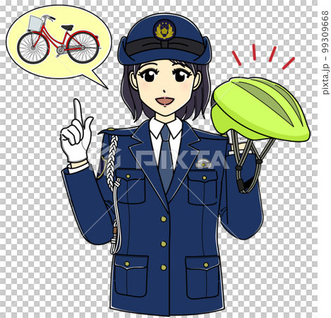 自転車用ヘルメットを持って話す女性警察官(黄緑ヘルメット) 自転車用ヘルメットを持って話す女性警察官(黄緑ヘルメット) 99309668
