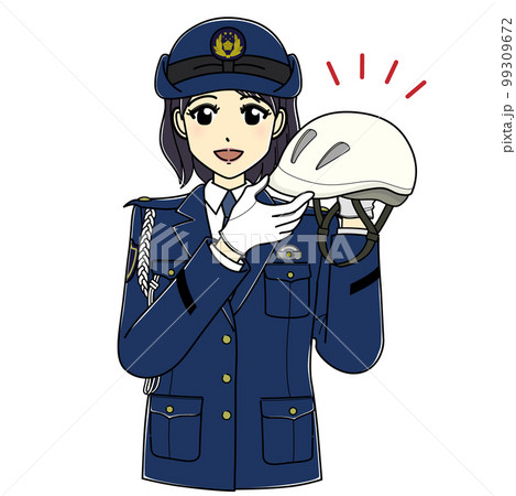 自転車用ヘルメットを持つ女性警察官（白ヘルメット・自転車なし） 99309672