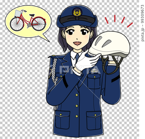 自転車用ヘルメットを持つ女性警察官(白ヘルメット・自転車あり) 自転車用ヘルメットを持つ女性警察官(白ヘルメット・自転車あり) 99309673