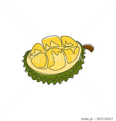 Single continuous line drawing half sliced healthy organic durian for orchard logo identity. Fresh spiky fruitage concept for fruit garden icon. Modern one line draw design vector graphic illustration 99310047