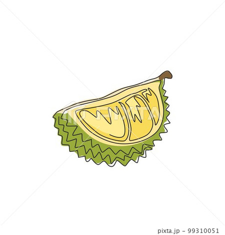 One single line drawing of segment sliced healthy organic durian for orchard logo identity. Fresh tropical fruit concept for garden icon. Modern continuous line draw graphic design vector illustration 99310051