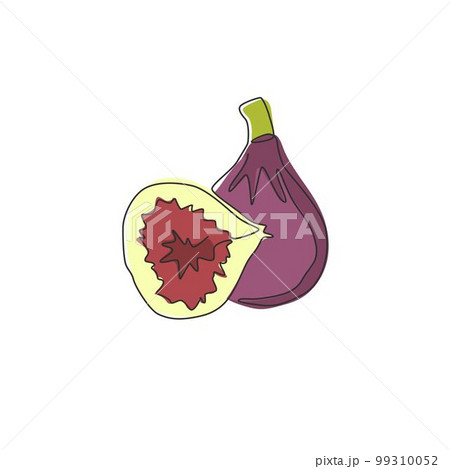 Single continuous line drawing whole sliced healthy organic figs for orchard logo identity. Fresh summer fruitage concept for fruit garden icon. Modern one line draw design vector graphic illustration 99310052