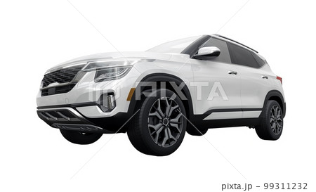 A model of a compact white SUV for the city with all-wheel drive in all weather conditions of operation on a white background. 3d illustration A model of a compact white SUV for the city with all-wheel drive in all weather conditions of operation on a white background. 3d illustration 99311232
