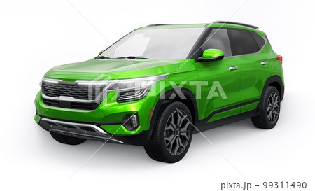 A model of a compact green SUV for the city with all-wheel drive in all weather conditions of operation on a white background. 3d illustration A model of a compact green SUV for the city with all-wheel drive in all weather conditions of operation on a white background. 3d illustration 99311490