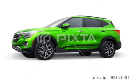 A model of a compact green SUV for the city with all-wheel drive in all weather conditions of operation on a white background. 3d illustration A model of a compact green SUV for the city with all-wheel drive in all weather conditions of operation on a white background. 3d illustration 99311492