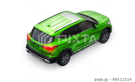 A model of a compact green SUV for the city with all-wheel drive in all weather conditions of operation on a white background. 3d illustration A model of a compact green SUV for the city with all-wheel drive in all weather conditions of operation on a white background. 3d illustration 99311514