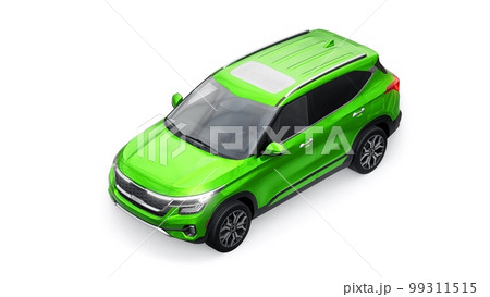 A model of a compact green SUV for the city with all-wheel drive in all weather conditions of operation on a white background. 3d illustration 99311515