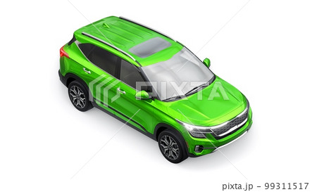 A model of a compact green SUV for the city with all-wheel drive in all weather conditions of operation on a white background. 3d illustration A model of a compact green SUV for the city with all-wheel drive in all weather conditions of operation on a white background. 3d illustration 99311517