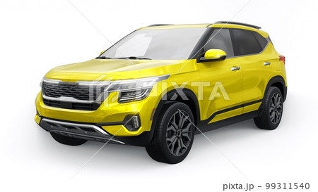 A model of a compact yellow SUV for the city with all-wheel drive in all weather conditions of operation on a white background. 3d illustration 99311540