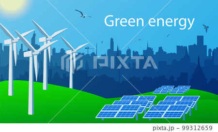 Green energy concept for environmental protection. Windmills and solar panels for generating electricity stand on the green grass. City skyline. Birds fly in the blue sky with the sun. Vector EPS 10. Green energy concept for environmental protection. Windmills and solar panels for generating electricity stand on the green grass. City skyline. Birds fly in the blue sky with the sun. Vector EPS 10. 99312659