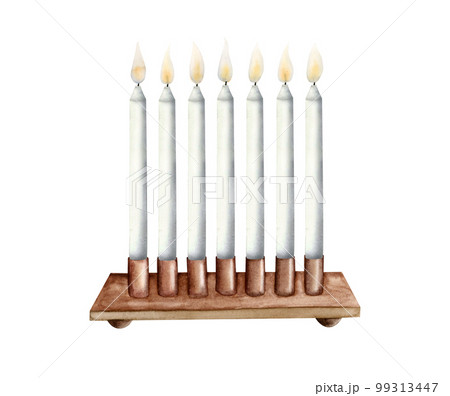 Watercolor bronze candlestick with seven burning candles, watercolor Jewish menorah. Passover seder dinner decoration 99313447