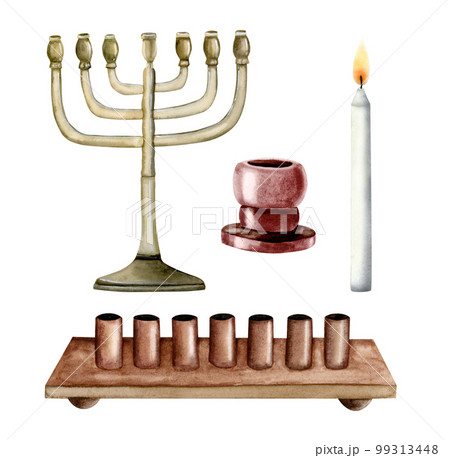 Traditional Menorah, Shabbat candlesticks for seven burning candles and white burning candle watercolor set on white Traditional Menorah, Shabbat candlesticks for seven burning candles and white burning candle watercolor set on white 99313448