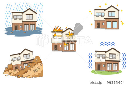 ツートンカラーのおしゃれな家の天災など様々な場面のイラストセット 99313494