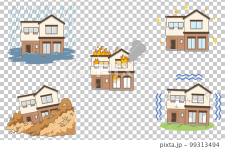 ツートンカラーのおしゃれな家の天災など様々な場面のイラストセット 99313494
