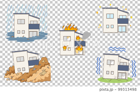 Illustration set of various scenes such as a natural disaster in a two-tone stylish house Illustration set of various scenes such as a natural disaster in a two-tone stylish house 99313498