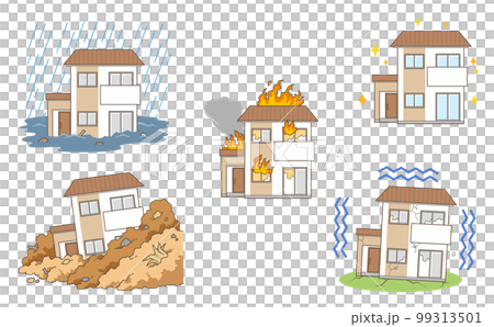 Illustration set of various scenes such as a natural disaster in a two-tone stylish house 99313501