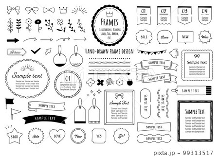 手描きのかわいいイラストフレームセット / モノクロ 手描きのかわいいイラストフレームセット / モノクロ 99313517