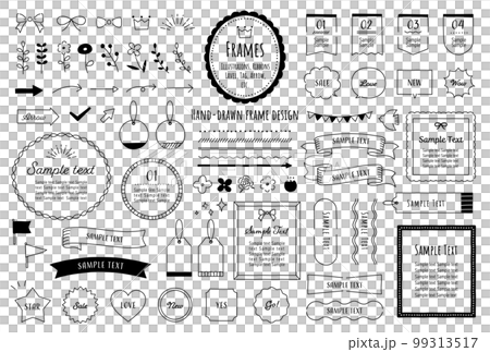 手描きのかわいいイラストフレームセット / モノクロ 手描きのかわいいイラストフレームセット / モノクロ 99313517