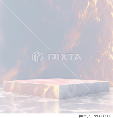ピンク系のオーロラカラーのマーブルの壁と床と展示台。春用の正方形抽象テンプレート 99313731