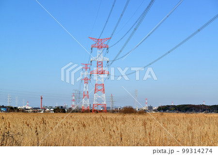 千葉県 手賀沼沿いに架かる架空送電線と鉄塔の風景 千葉県 手賀沼沿いに架かる架空送電線と鉄塔の風景 99314274
