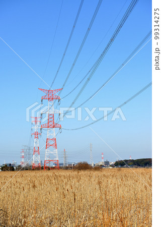 千葉県 手賀沼沿いに架かる架空送電線と鉄塔の風景 千葉県 手賀沼沿いに架かる架空送電線と鉄塔の風景 99314275