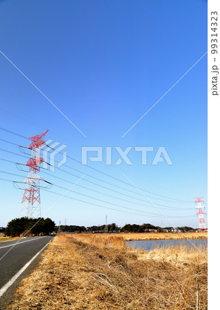 千葉県　手賀沼沿いに架かる架空送電線と鉄塔の風景 99314323
