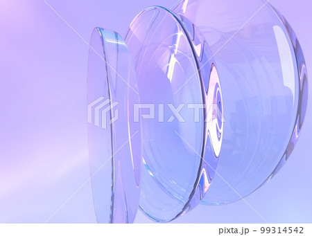 Abstract geometric background with iridescent crystal round disks 3d render. Glass transparent circle discs or plates with reflection and flare on purple backdrop close up, wallpaper 99314542