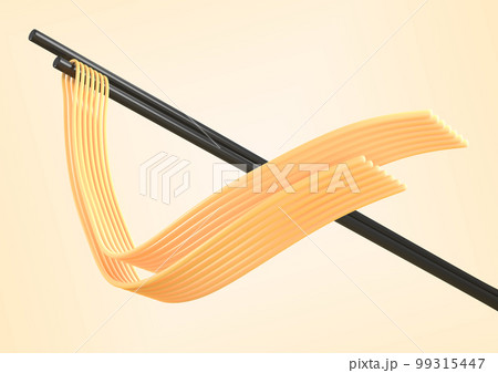 Chinese or japanese instant noodles on black sticks mockup banner 3d render. Asian food, cartoon icon of flying spaghetti in wave shape, pasta on chopsticks isolated on background 99315447