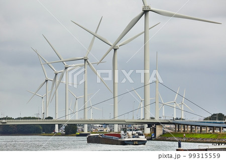 Wind tubines along the waterside 99315559