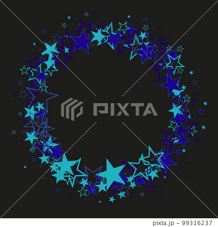 Round frame of blue stars on a black background, design element 99316237