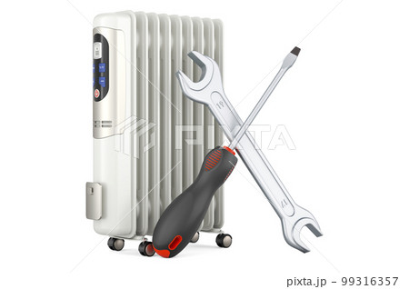 Electric oil heater with screwdriver and wrench, 3D rendering Electric oil heater with screwdriver and wrench, 3D rendering 99316357
