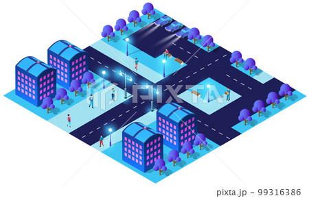 City future smart urban Isometric night lights architecture 3D illustration 99316386