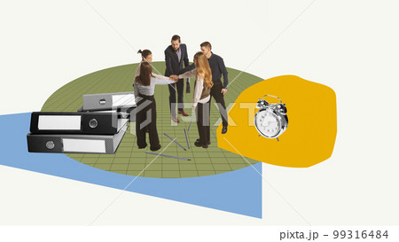 Well-coordinated teamwork. Contemporary art collage. Employees starting new project. Cheering up working spirit. Having task deadlines 99316484
