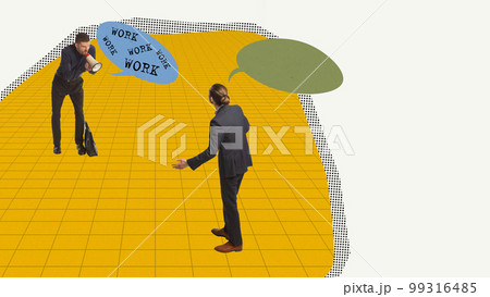 Management and control over employees. Contemporary art collage. Man shouting in megaphone. Time to finish your work 99316485