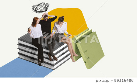 Contemporary art collage. Employees working together on new project. Overcoming difficulties and challenges. Freelance job 99316486