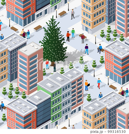 An isometric 3D illustration of a winter city, comprising houses 99316530