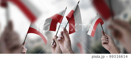 A group of people holding small flags of the Poland in their hands 99316614